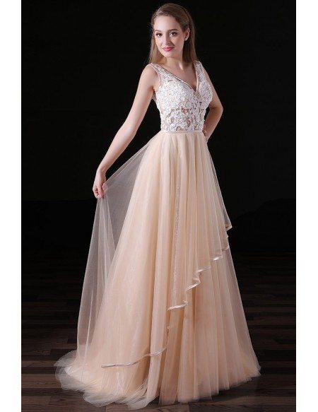 A-line V-neck Sweep Train Tulle Prom Dress With Lace