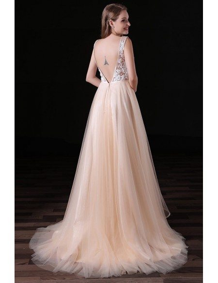 A-line V-neck Sweep Train Tulle Prom Dress With Lace