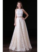 A-line Two Pieces Floor-length Lace Prom Dress With Beading