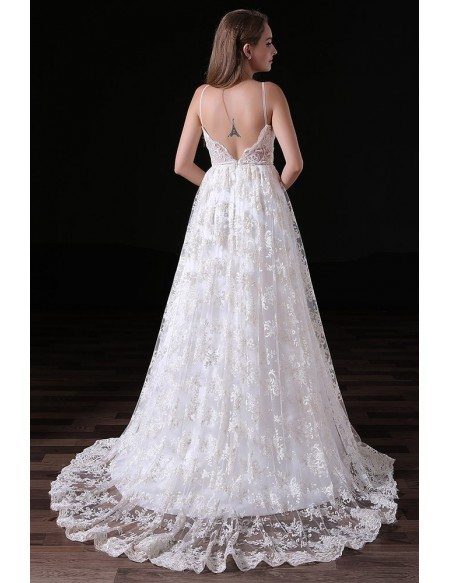 Ball-gown V-neck Sweep Train Lace Wedding Dress With Open Back