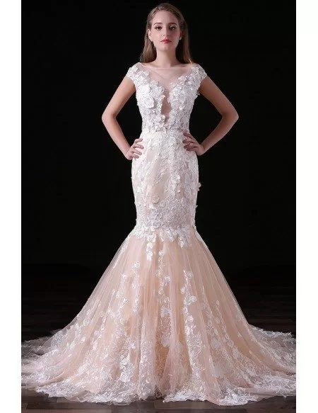Mermaid Scoop Neck Court Train Tulle Wedding Dress With Appliques Lace ...