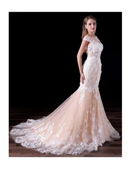 Mermaid Scoop Neck Court Train Tulle Wedding Dress With Appliques Lace