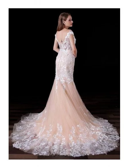 Mermaid Scoop Neck Court Train Tulle Wedding Dress With Appliques Lace