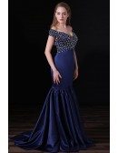 Mermaid Off-the-shoulder Sweep Train Satin Prom Dress With Beading