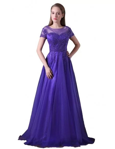 A-line Scoop Neck Floor-length Tulle Prom Dress With Appliques Lace # ...