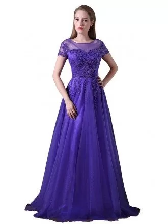 A-line Scoop Neck Floor-length Tulle Prom Dress With Appliques Lace