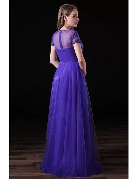 A-line Scoop Neck Floor-length Tulle Prom Dress With Appliques Lace