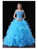 Ball-gown Off-the-shoulder Court Train Tulle Prom Dress With Cascading Ruffle