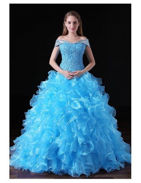 Ball-gown Off-the-shoulder Court Train Tulle Prom Dress With Cascading Ruffle