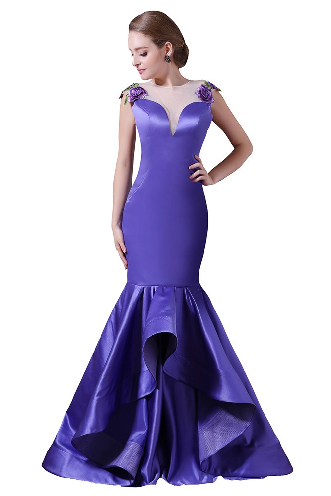 Scoop Mermaid Satin Appliques Sweep Train Prom Dresses LBQ0301