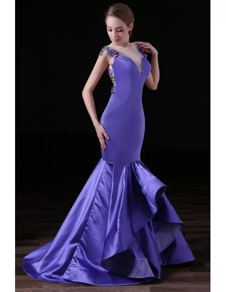 Mermaid Scoop Neck Sweep Train Satin Prom Dress With Appliques lace