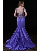 Mermaid Scoop Neck Sweep Train Satin Prom Dress With Appliques lace