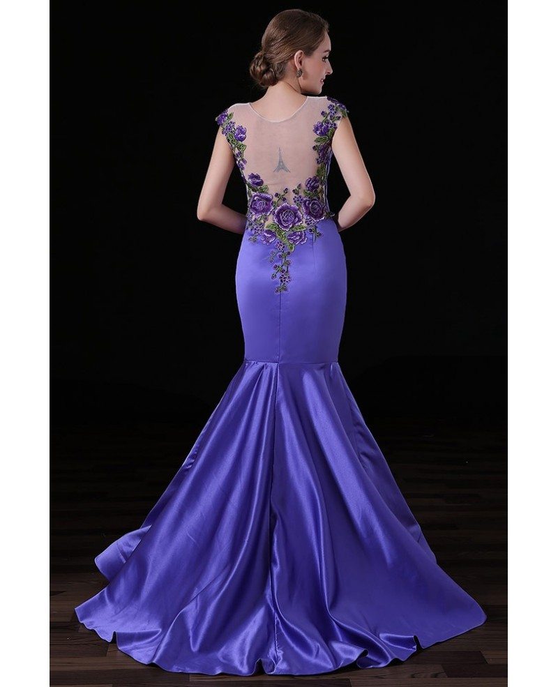Mermaid Scoop Neck Sweep Train Satin Prom Dress With Appliques lace # ...