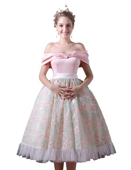 Ball-gown Off-the-shoulder Tea-length Tulle Homecoming Dress With Open Back