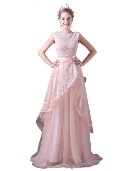 A-line Scoop Neck Floor-length Tulle Prom Dress With Lace