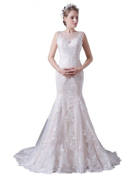 Mermaid Scoop Neck Sweep Train Tulle Wedding Dress With Lace