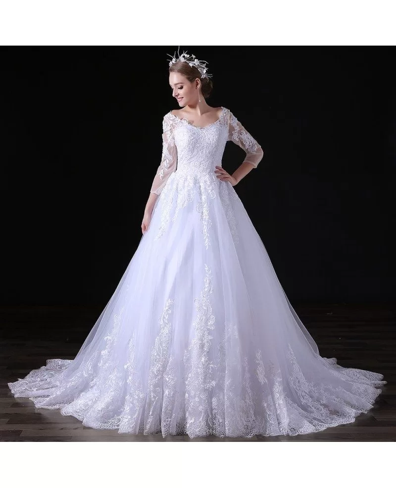 Ball-gown V-neck Court Train Tulle Wedding Dress With Lace #A030 $218. ...
