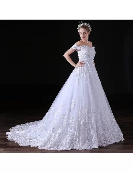 Ball-gown Off-the-shoulder Court Train Tulle Wedding Dress With Lace