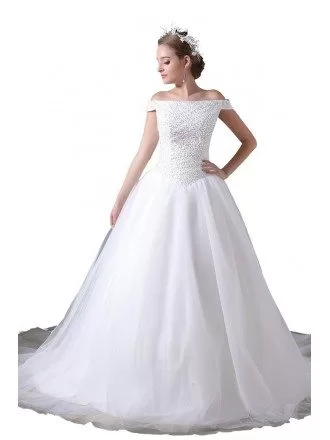 Ball-gown Off-the-shoulder Court Train Tulle Wedding Dress With Beading