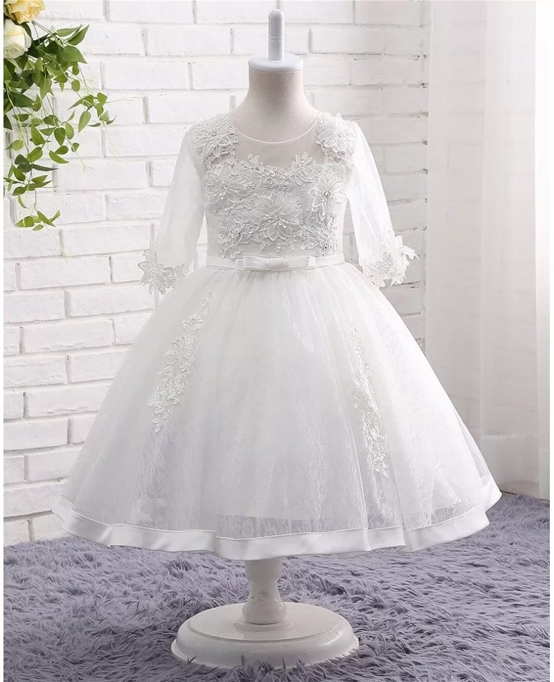 White Lace Tulle Ball Gown Flower Girl Wedding Dress With Half Sleeves ...