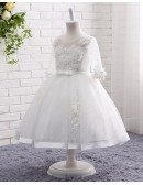 White Lace Tulle Ball Gown Flower Girl Wedding Dress With Half Sleeves