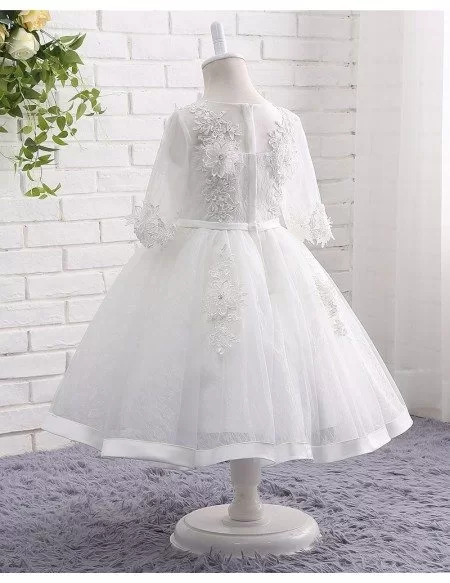 White Lace Tulle Ball Gown Flower Girl Wedding Dress With Half Sleeves