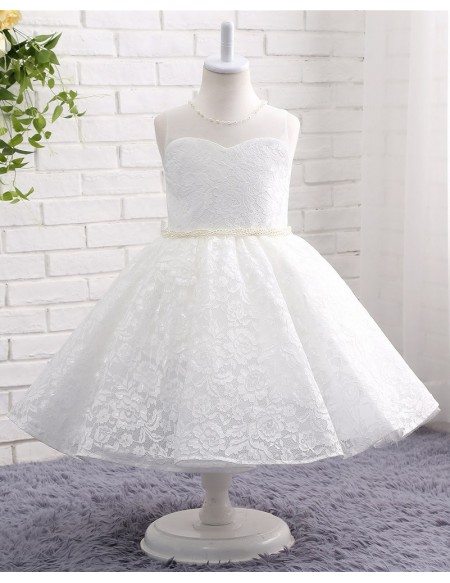 Full Lace Beaded Pearls Princess Flower Girl's Wedding Dress