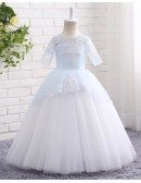 High Quality Lace Blue And White Ball Gown Tulle Flower Girl Dress Floor Length