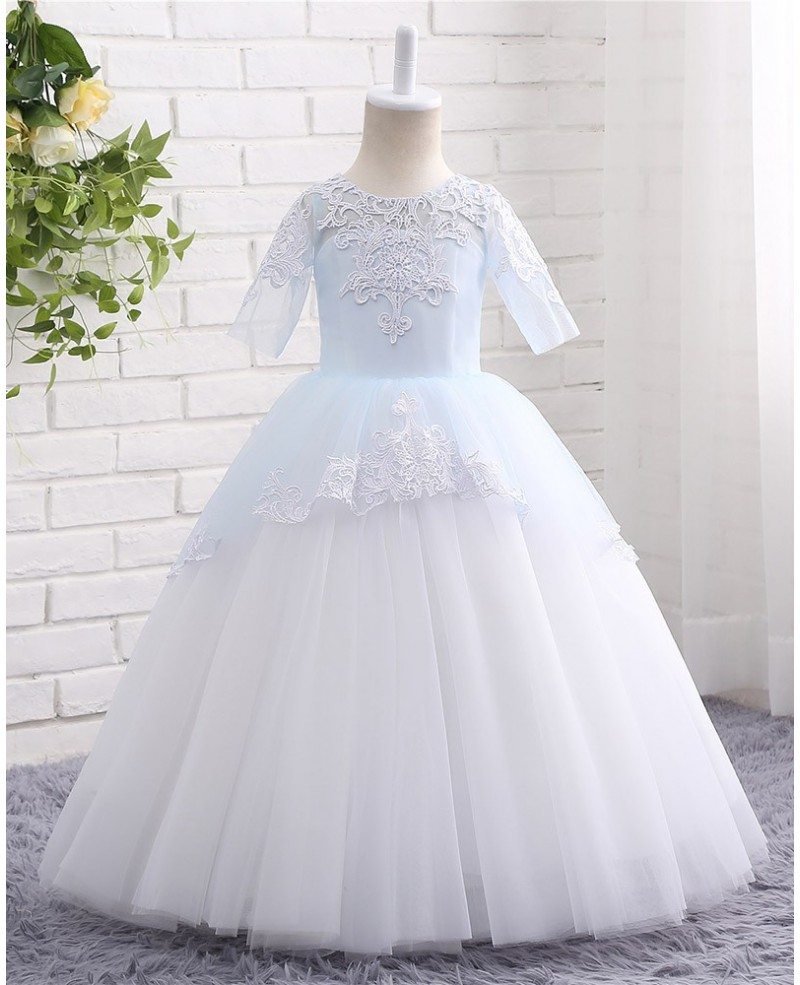 blue and white ball gown
