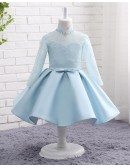 Blue High Neckline Lace Sleeve Satin Flower Girl Dress For Weddings