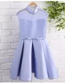 Beaded High Neckline Lavender Satin Formal Flower Girl Dress For Weddings