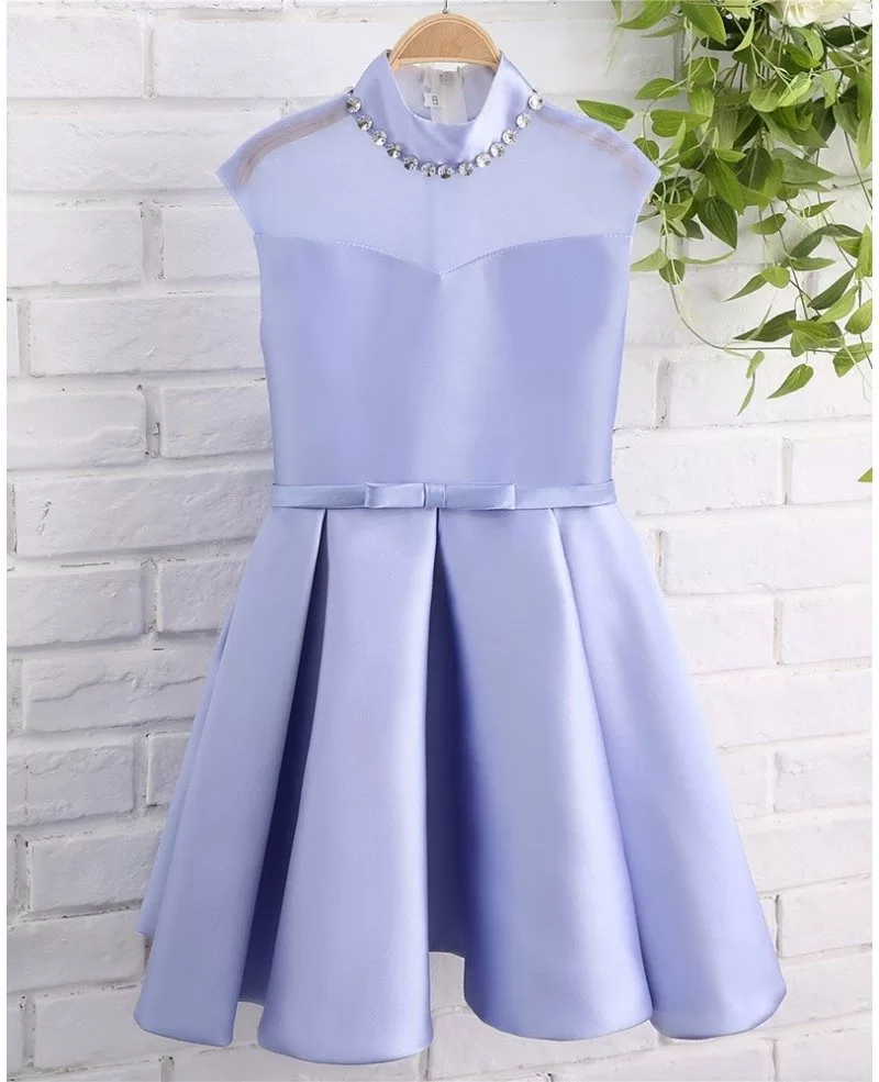 Beaded High Neckline Lavender Satin Formal Flower Girl Dress For ...