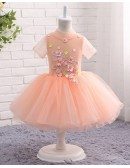 Coral Puffy Tulle High Neckline Flower Girl Party Dress With Short Sleeves