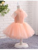 Coral Puffy Tulle High Neckline Flower Girl Party Dress With Short Sleeves