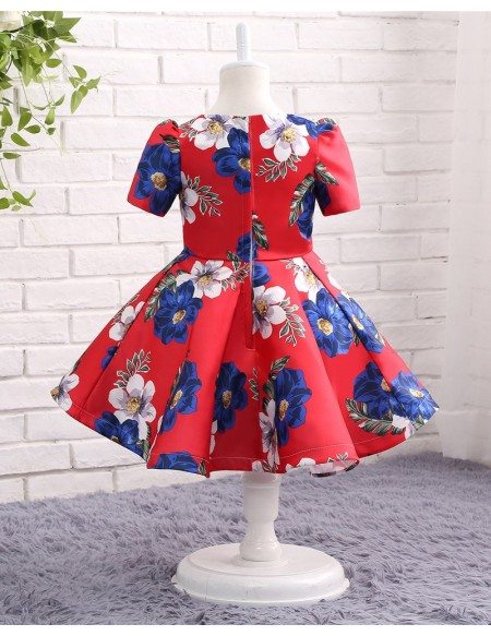 Unique Red With Printed Flowers Flower Girl Party Dress