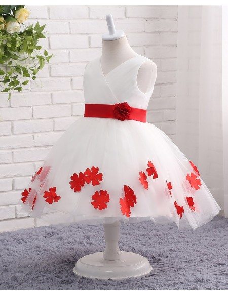 Classic Red And White Tulle Petals Formal Flower Girl Wedding Dress