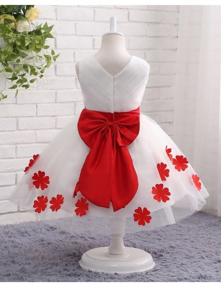 Classic Red And White Tulle Petals Formal Flower Girl Wedding Dress