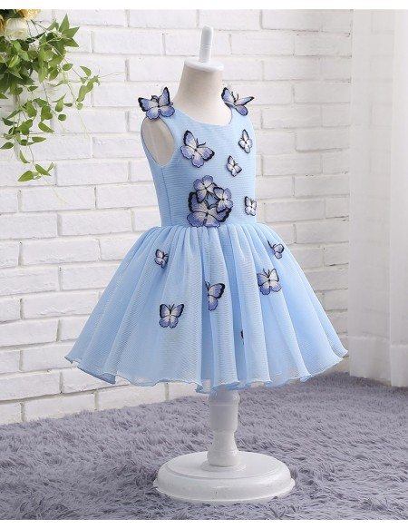 Unique Blue Tulle Butterfly Formal Girls Party Dress
