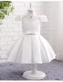 Cute Pure White High Neckline Satin With Lace Flower Girl Dress With Bubble Sleeves