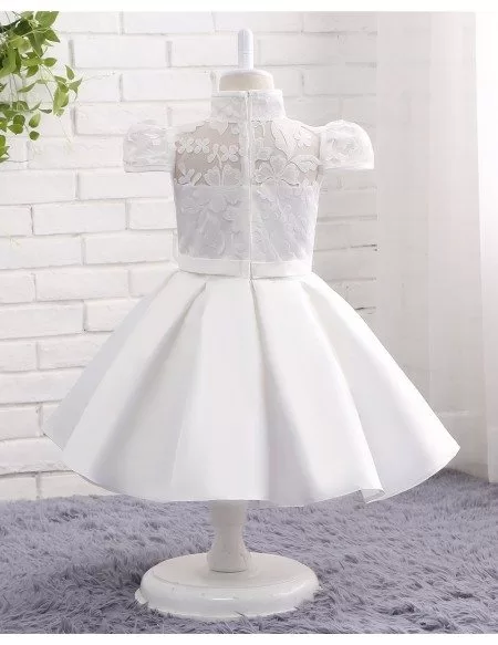 Cute Pure White High Neckline Satin With Lace Flower Girl Dress With Bubble Sleeves