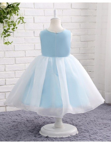 Beaded Pearls Blue And White Organza Wedding Flower Girl Dress