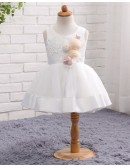 White Tulle And Satin Toddler Girls Formal Wedding Dress With Flowers