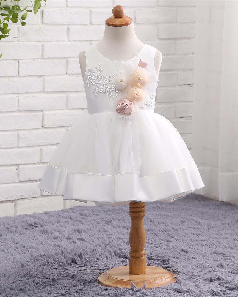 White Tulle And Satin Toddler Girls Formal Wedding Dress With Flowers # ...