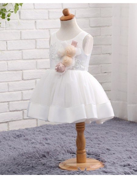 White Tulle And Satin Toddler Girls Formal Wedding Dress With Flowers