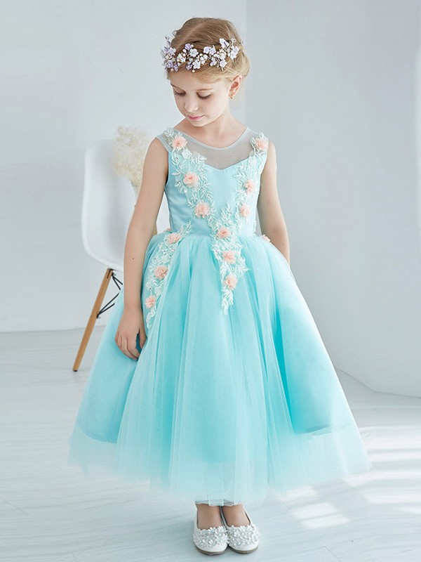 Little Girl's Ball Gown Blue Tulle Lace Pageant Dress with Flowers # ...