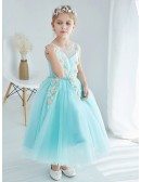 Little Girl's Ball Gown Blue Tulle Lace Pageant Dress with Flowers