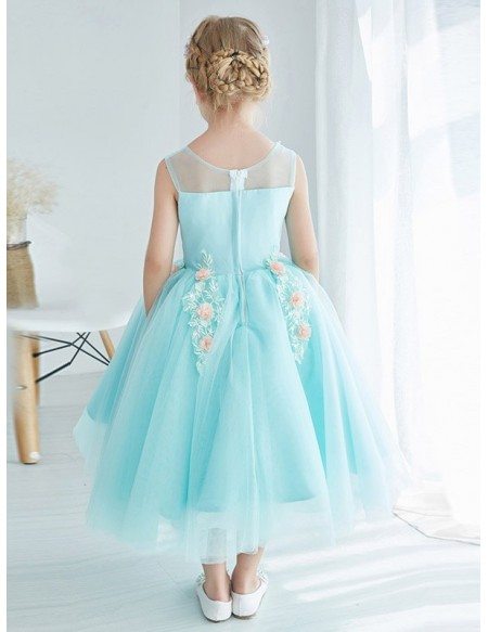 Little Girl's Ball Gown Blue Tulle Lace Pageant Dress with Flowers