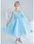 Tea Length Tulle Blue Applique Flower Girl Dress with Sleeves