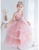 Sweetheart Cute Pink Bubble Flower Girl Dress with Applique