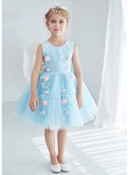Little Girl's Blue Lace Flowers Pageant Dress in Knee Length